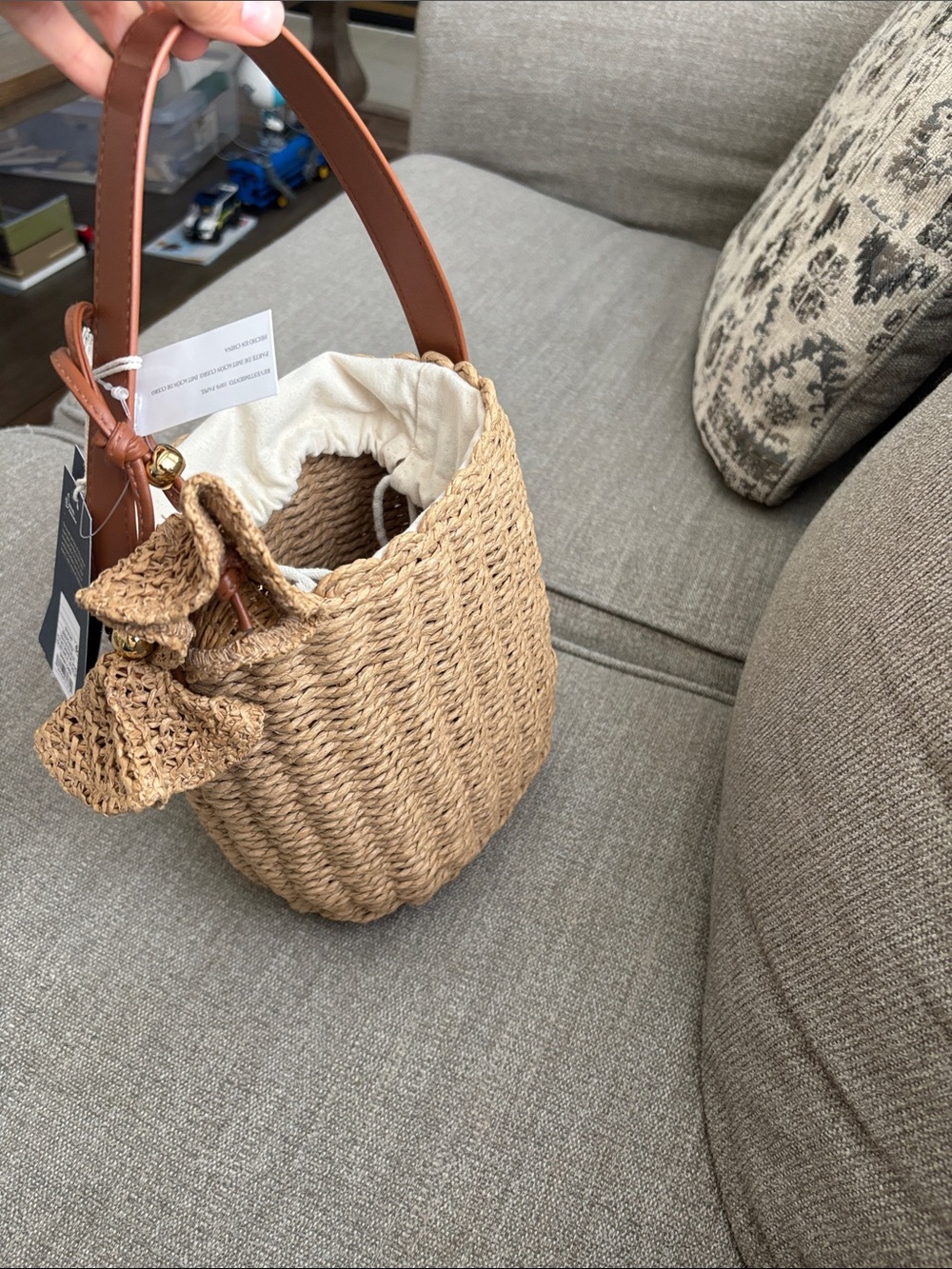 Woven Straw Bucket Bag with Cream Drawstring - Picture 5 of 5